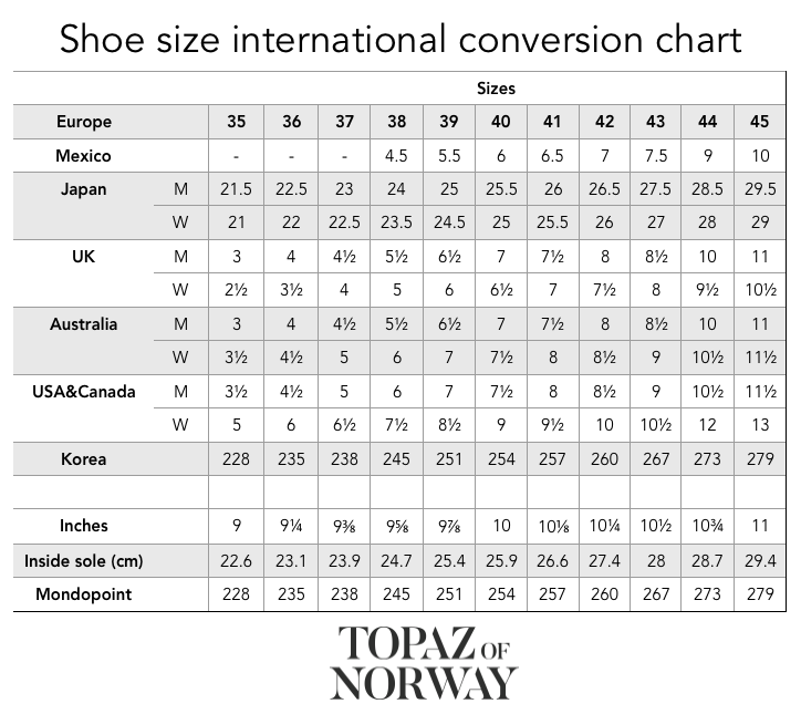 Andesbjergene Land med statsborgerskab Støjende Shoe size international conversion chart - Topaz of Norway